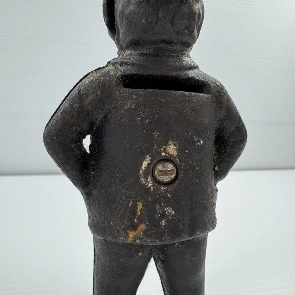 Antique Cast Iron Standing Man Still Coin Bank Suit Hat Vintage Figural
